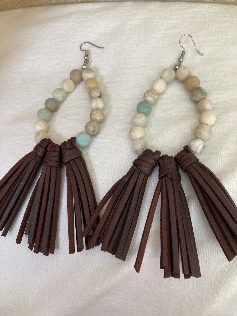 Beaded Dangle Earrings with Brown Faux Leather Tassel - Picture 4 of 7
